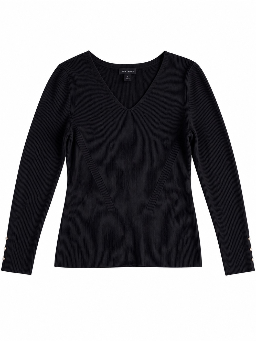 Ann Taylor Ribbed V-Neck Sweater Pearl Button Cuffs Black Large
